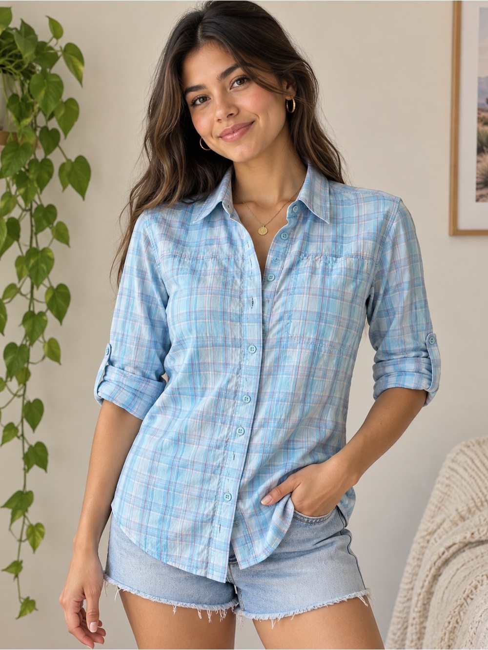 Columbia Titanium Omni-Dry Plaid Button Up Shirt Women’s Small Blue Outdoor Top